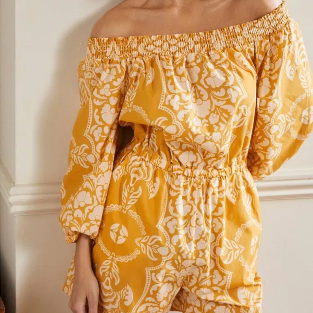 Boden Off-Shoulder Jumpsuit in Yellow and White